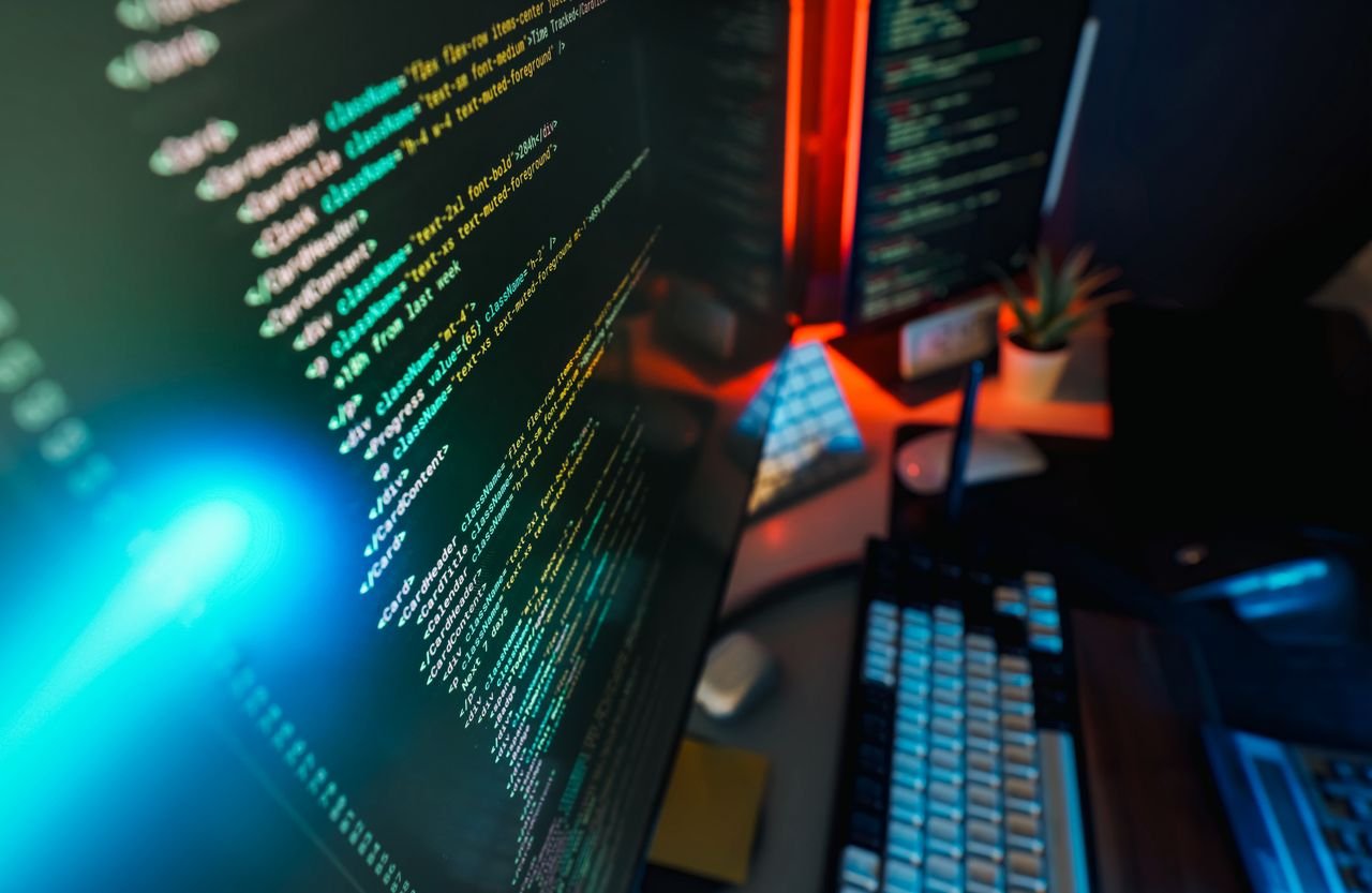 Futuristic workspace featuring a glowing computer screen with coding displayed, ideal for technology and programming concepts.
